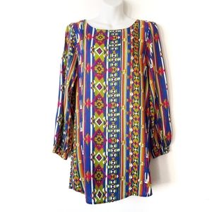 Yetts Southwestern Aztec Print Long balloon sleeve mini dress